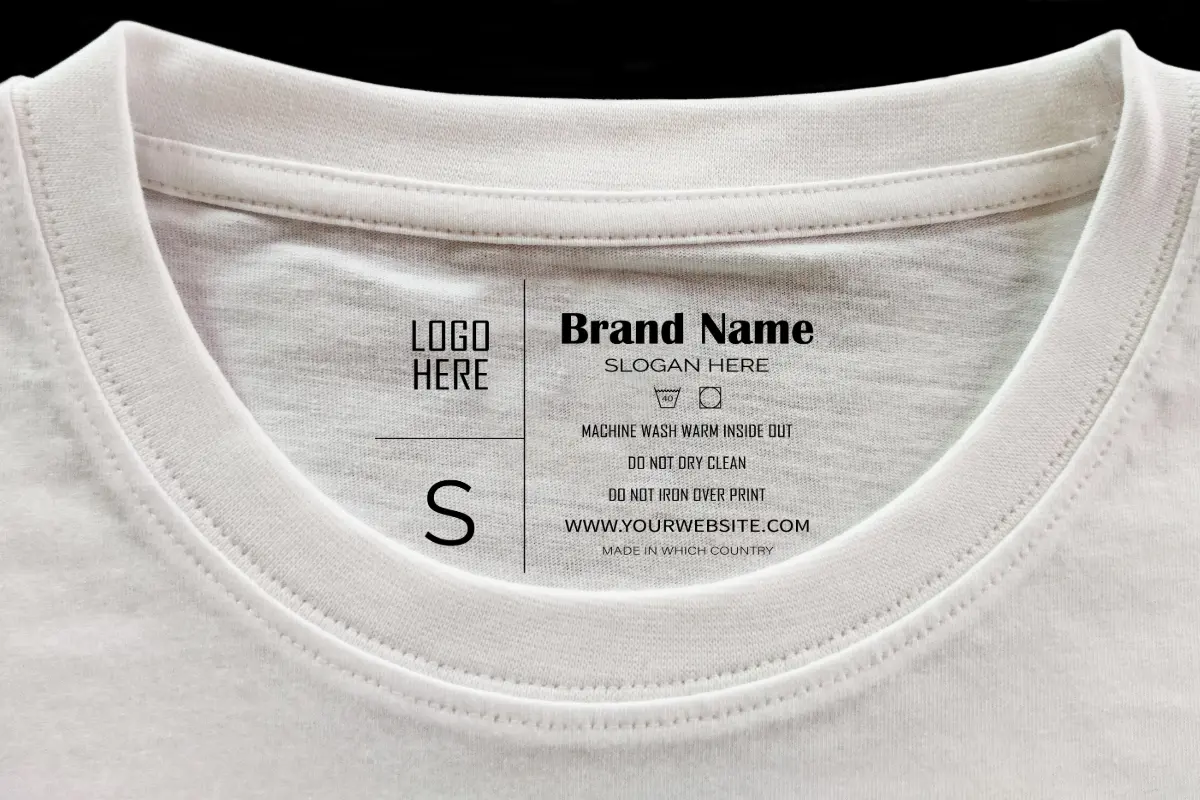 Custom printed neck label inside a natural cotton tee