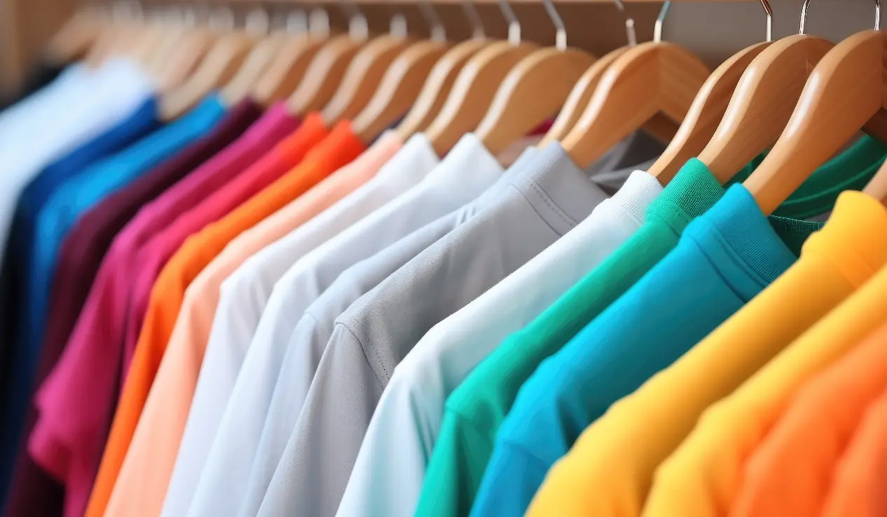Rack of blank garments in a range of colors ready for printing